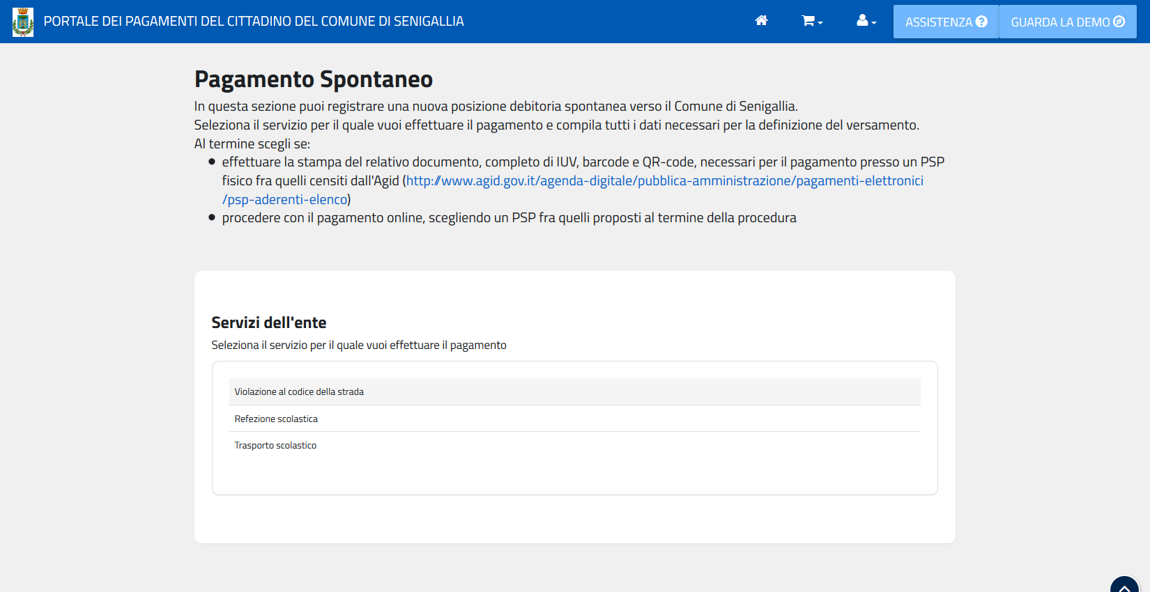 Selezione servizio spontaneo